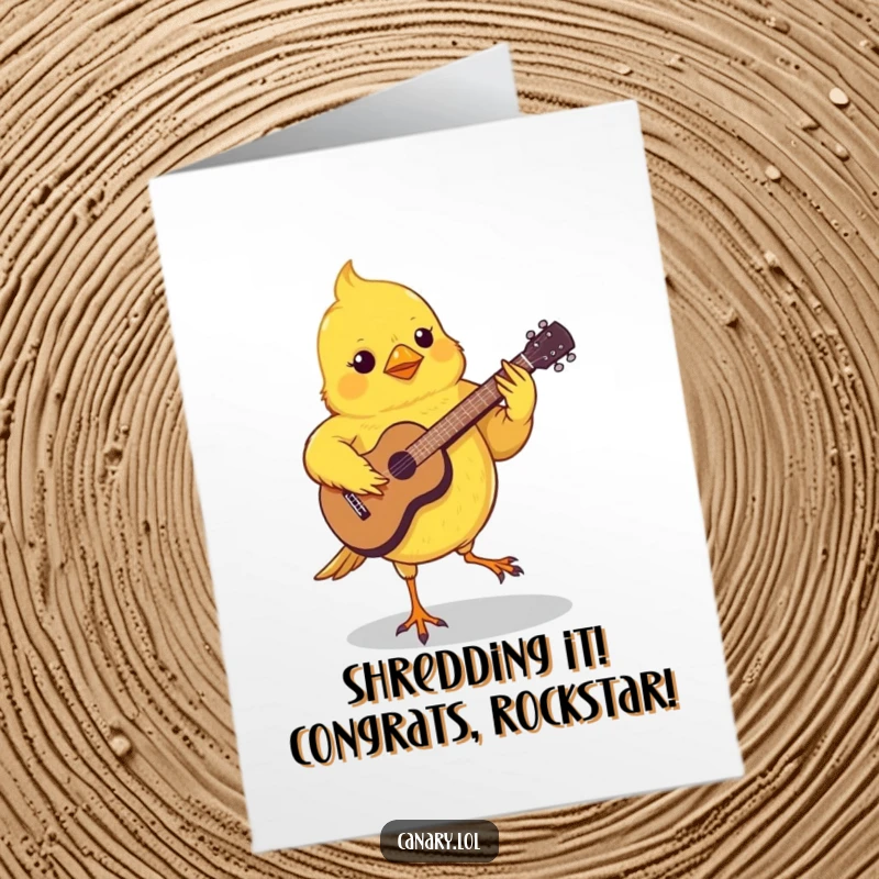 Funny free printable congratulations card: A canary grooving intensely, playing a miniature guitar with its tiny feet. Rockstar vibes.