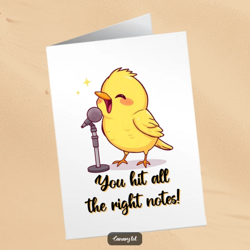 Funny free printable congratulations card: A beaming canary enthusiastically chirps into a tiny microphone, celebrating a wonderful success.