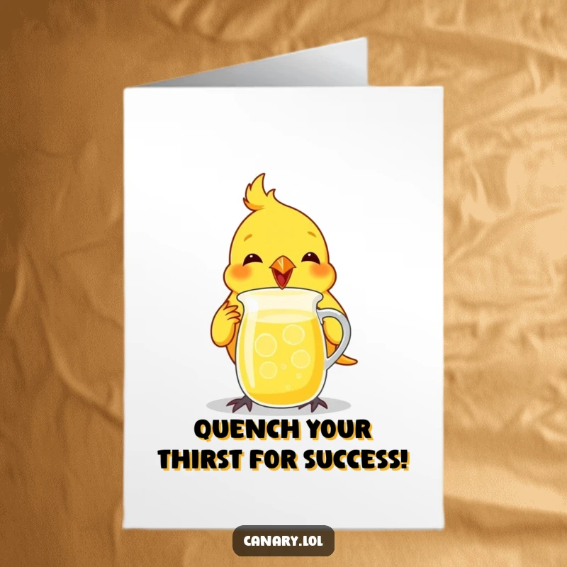 Free printable congratulations card: A canary bird enthusiastically drinking lemonade from a tiny pitcher, celebrating good times.