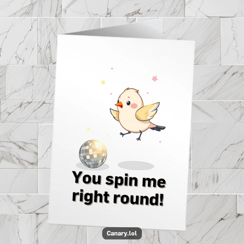 Funny Free Printable Congratulations Card: A bird jumps joyfully around a sparkling disco ball, celebrating your amazing achievement.