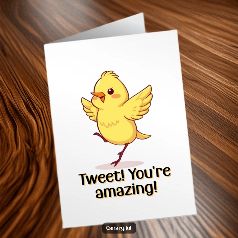 Funny Free Printable Congrats Card: Canary with rapidly fluttering wings performing a joyous dance, celebrating an achievement.