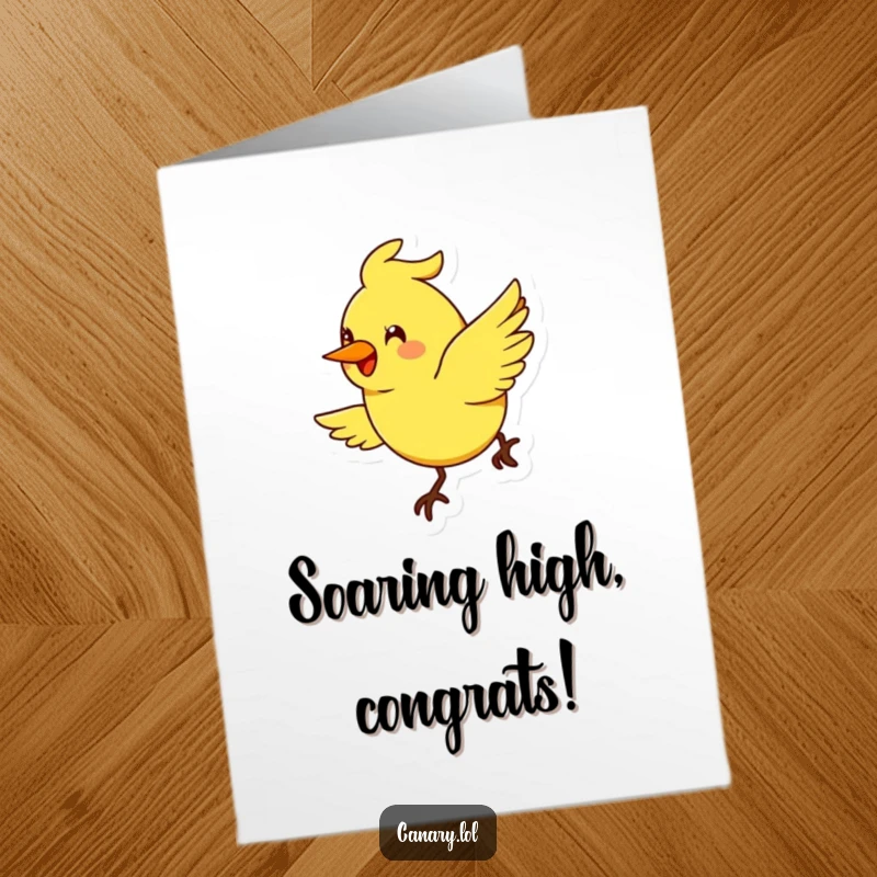 Funny Free Printable Congrats Card: A stylized canary bird smiles widely as it flies in a cheerful arc, a joyful downloadable gift.