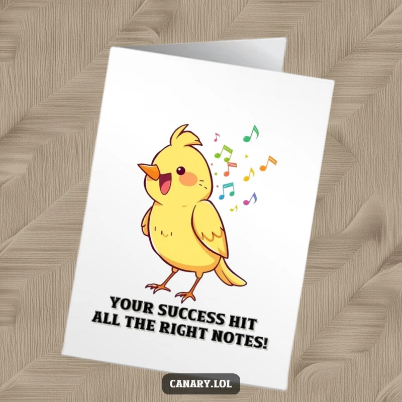 Funny Free Printable Congratulations Card: Ecstatic canary bird showering musical notes, a unique downloadable gift.
