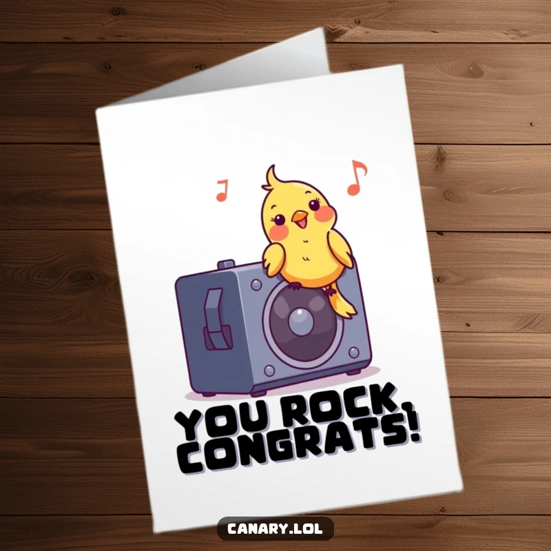 Funny Free Printable Congratulations Card: A cheerful canary bops its head on a speaker, celebrating your big win with a musical vibe.