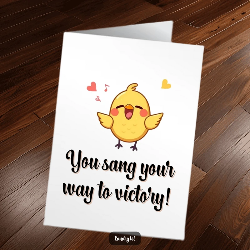Funny Free Printable Congratulations Card: A small, yellow bird joyfully singing with an open beak, celebrating a wonderful achievement.