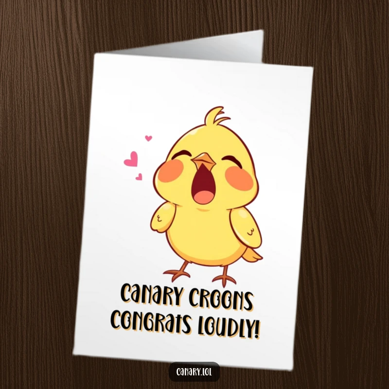 Free Printable Congrats Card showing a tiny canary singing its heart out, mouth wide open, celebrating achievements with pure joy.