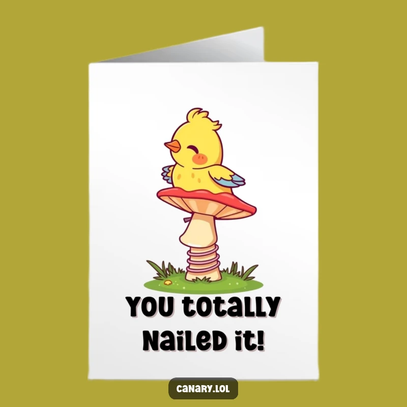 Free Printable Congratulations Card: Bouncy Canary on Mushroom Instant Download Celebration