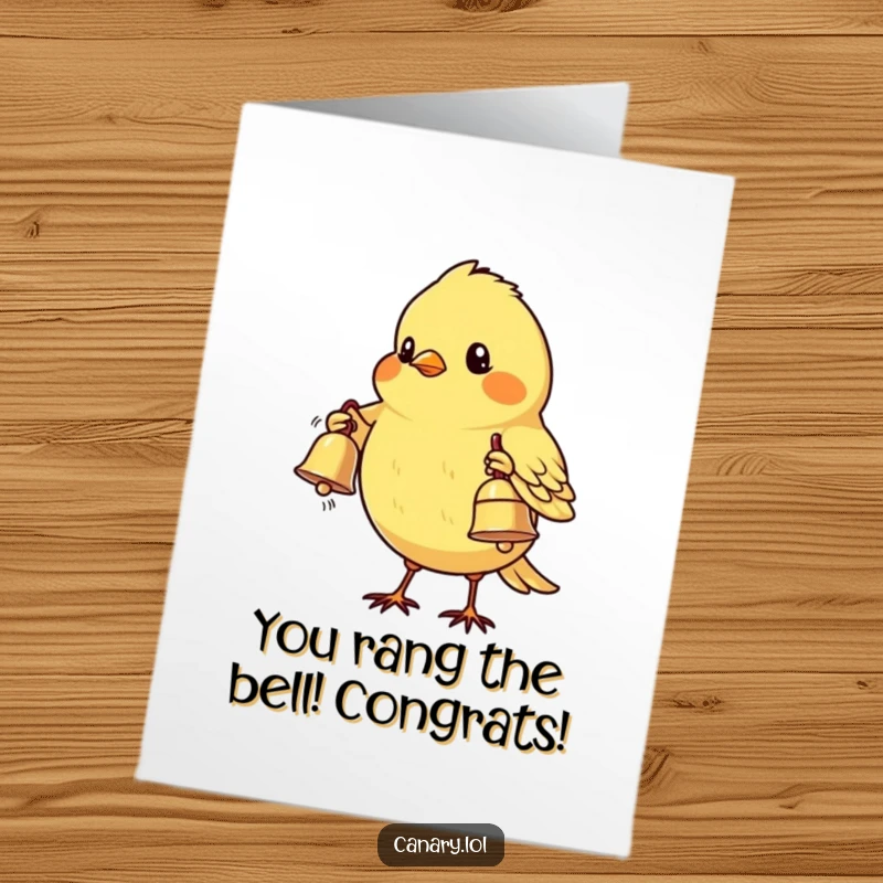 Funny Free Printable Congrats Card: Shy canary bird presenting a shiny bell, a sweet downloadable greeting for any achievement.