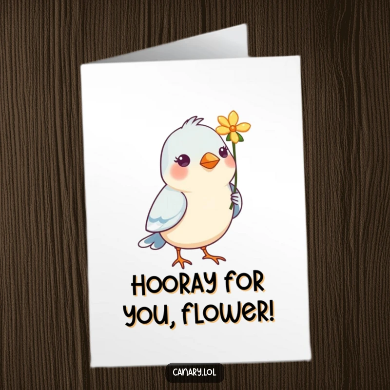 Funny Free Printable Congratulations Card: A bird offers a bright flower in its beak, celebrating an achievement sweetly.