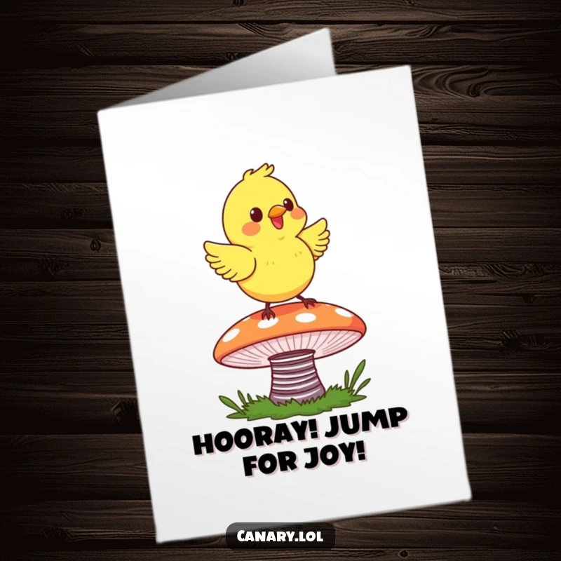 Funny free printable congratulations card: A canary joyfully bouncing on a springy, colorful mushroom cap. Celebration vibes.