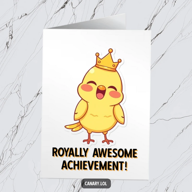 Funny Free Printable Congratulations Card: Joyful canary bird with a tiny crown, chirping merrily to celebrate a successful achievement.