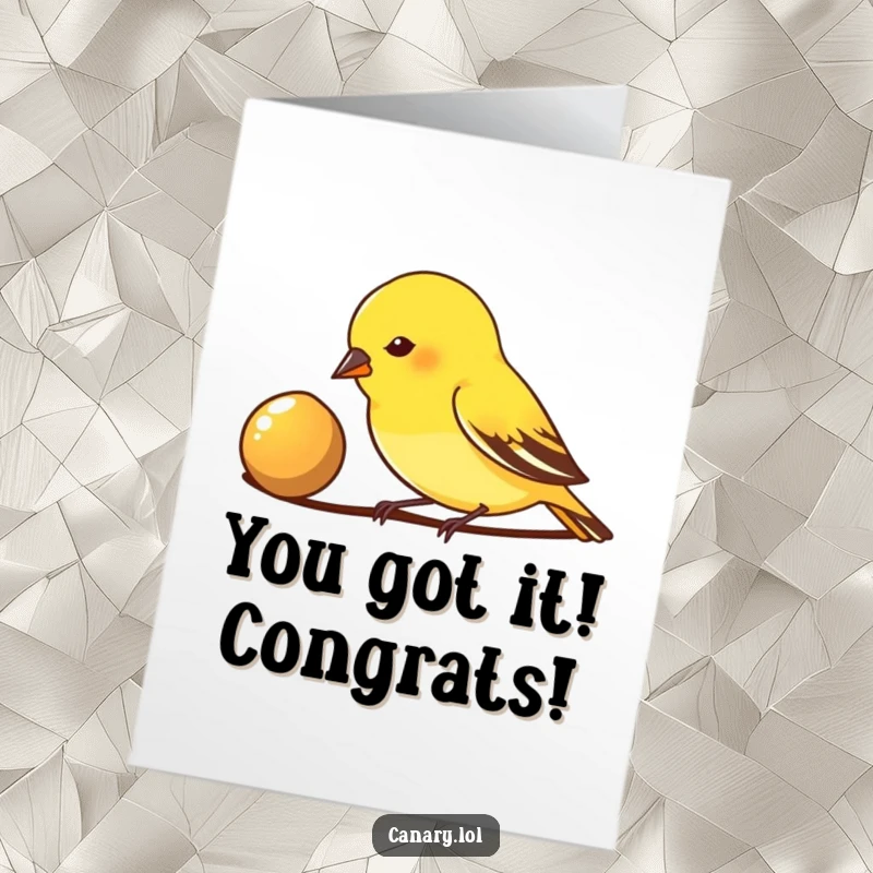 Free Printable Congratulations Card: A small canary bird eagerly pecks at a shiny seed, symbolizing a rewarding achievement.