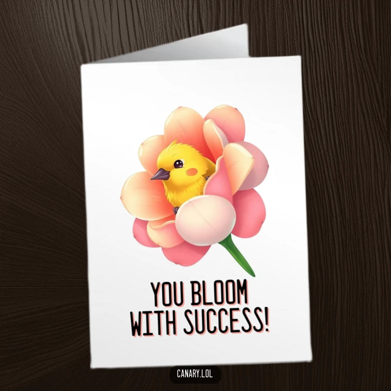 Funny Free Printable Congratulations Card: Curious canary bird peeking from inside a bright, colorful flower.