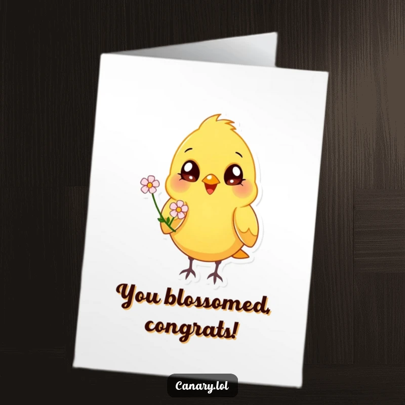 Funny Free Printable Congrats Card: A happy canary bird with bright eyes offers a tiny flower, a sweet downloadable gift.