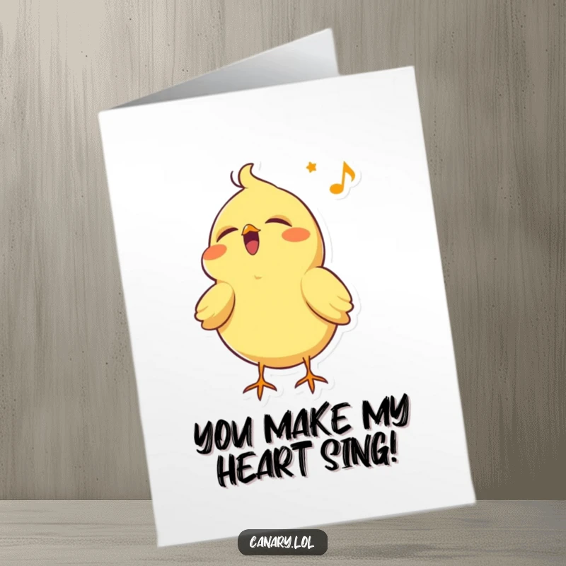 Funny Free Printable Congratulations Card: Happy canary bird singing joyfully, eyes closed, a delightful downloadable gift.