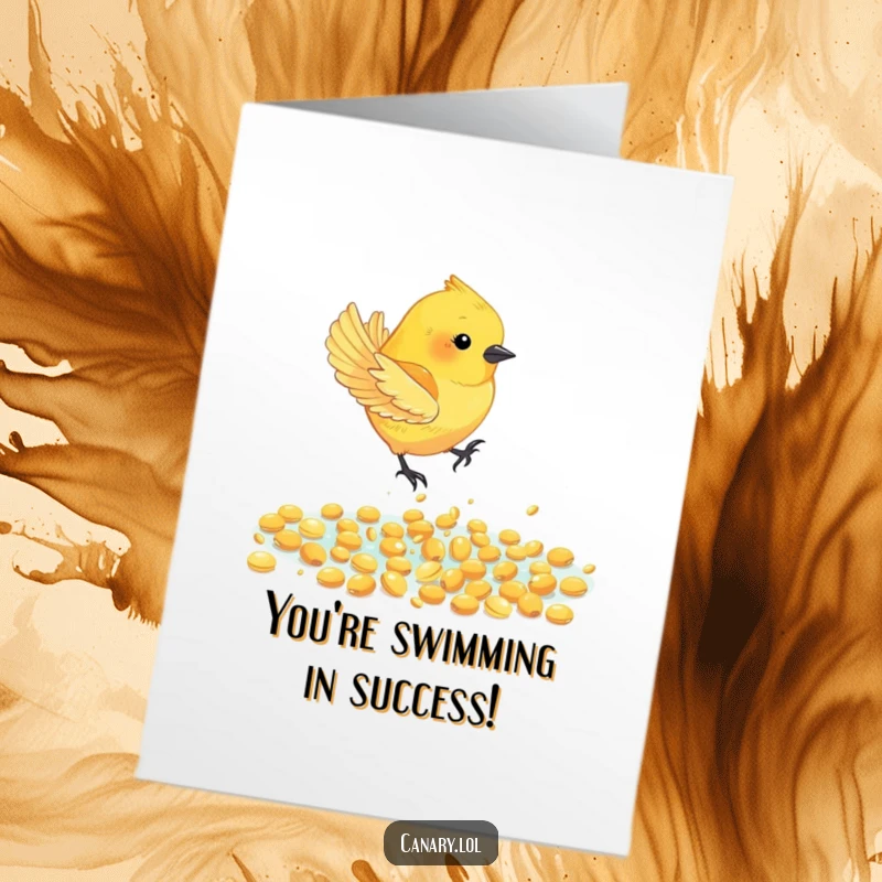Funny Free Printable Congrats Card: Energetic canary bird diving into sparkling golden seeds, a unique downloadable celebration.