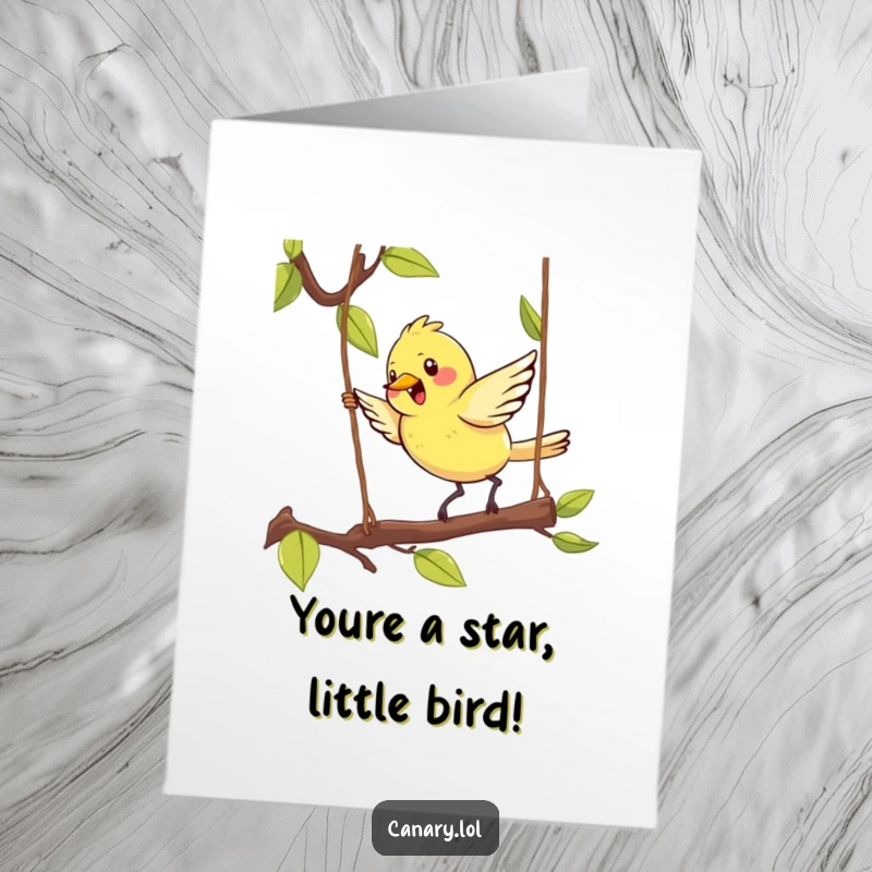 Funny Free Printable Congratulations Card showing a cute kawaii canary joyfully hopping on a swinging branch to celebrate success.