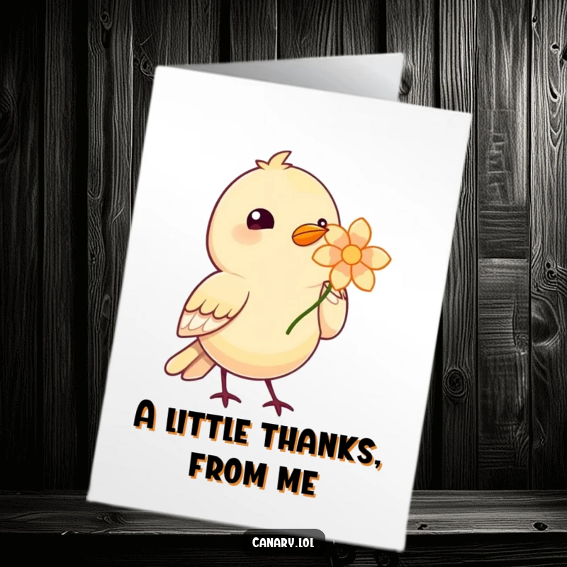 Cute free printable thank you card: A bird adorably offering a single, bright flower with its beak as a thank you. DIY gift.