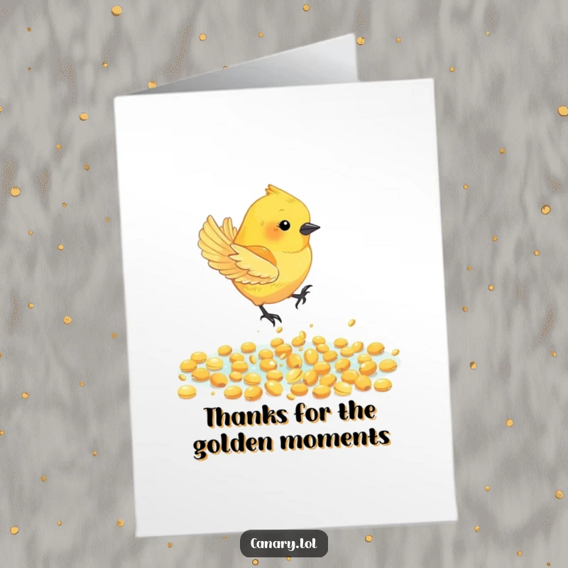 Funny Free Printable Thank You Card: Canary bird gracefully diving into a pool of shimmering golden seeds, a joyful downloadable thank you.