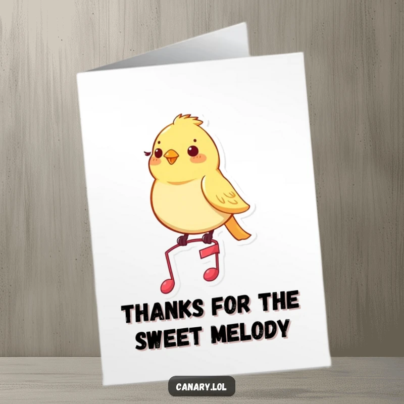 Funny free printable thank you card illustrating a contented canary bird resting elegantly on a miniature musical note, looking very pleased.