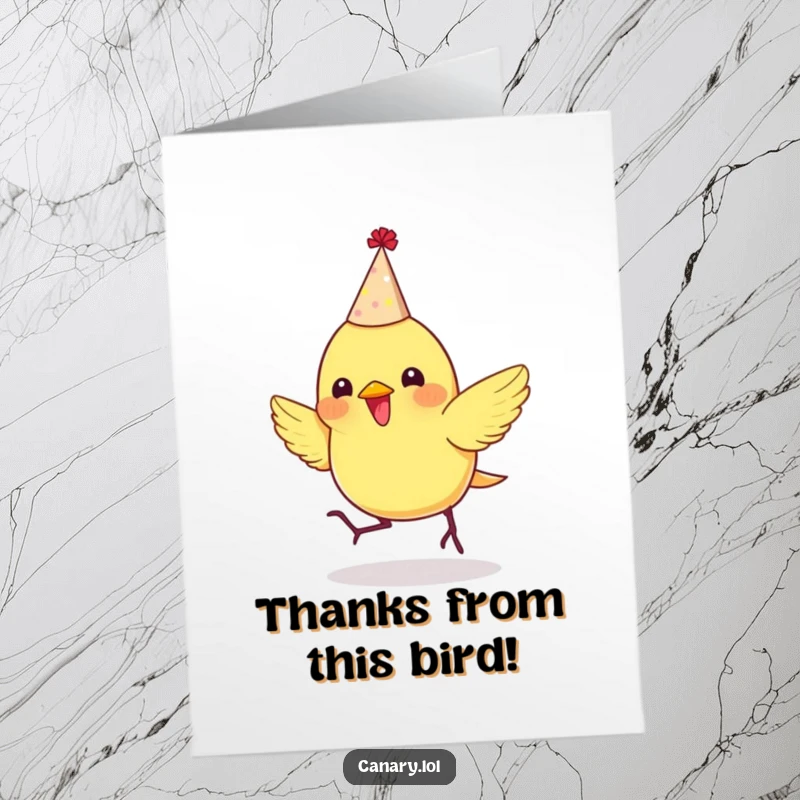 Funny Free Printable Thank You Card: A canary wearing a party hat bounces enthusiastically to say thank you.