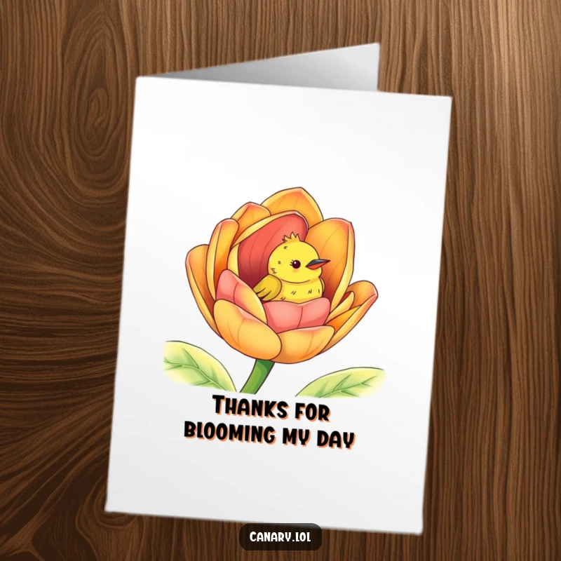 Funny Free Printable Thank You Card: A cheerful canary peeks from inside a giant, colorful flower bud, sending thanks.