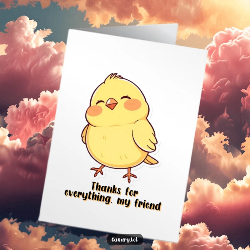 Funny free printable thank you card: A happy canary with puffed cheeks entertainingly bobs its head as a sign of thanks.