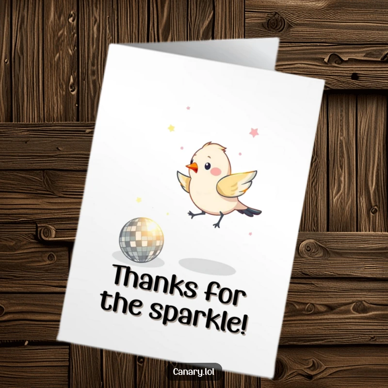 Funny Free Printable Thank You Card: A bird hops with delight around a shimmering disco ball, sending thanks with a dance.