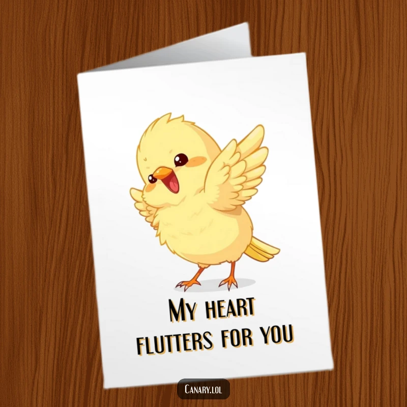 Funny free printable thank you card: A fluffy canary excitedly flutters its wings, conveying thanks with energetic charm.