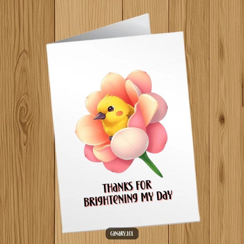 Funny Free Printable Thank You Card: Curious canary bird peeking out from a vibrantly colored flower.