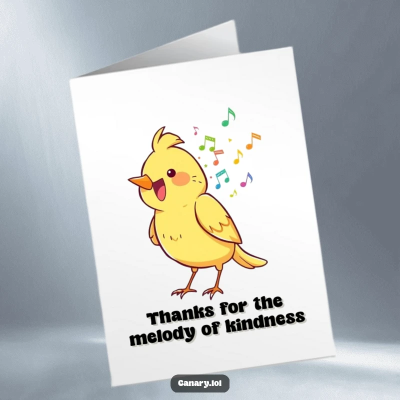 Funny Free Printable Thank You Card: Cheerful canary bird showering music notes, a heartfelt downloadable gift.