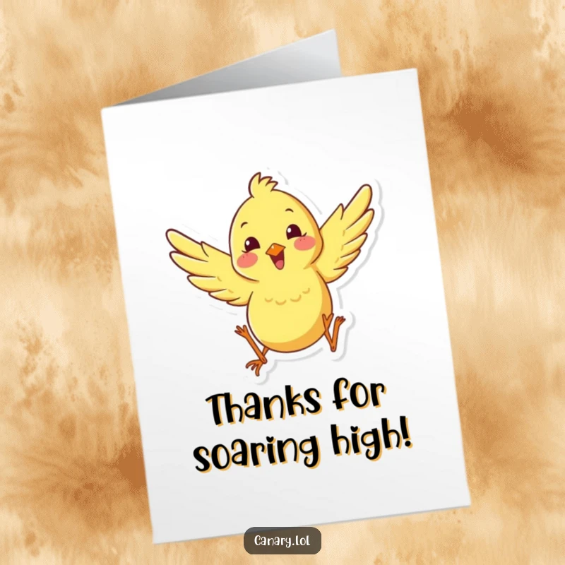 Funny Free Printable Thank You Card illustrating a happy canary character mid-leap, wings spread wide in excitement.