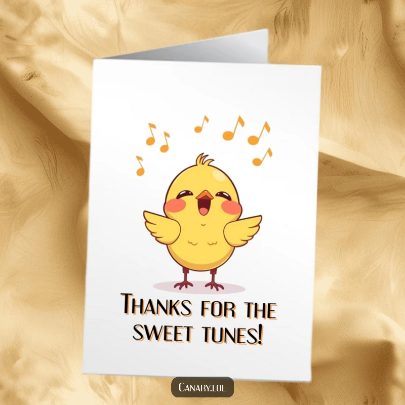 Funny Free Printable Thank You Card featuring a cute kawaii canary singing a song of gratitude with musical notes.
