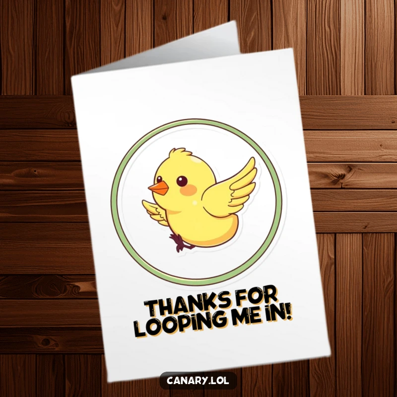 Funny Free Printable Thank You Card with a cheerful canary flying in a loop, expressing thanks joyfully.