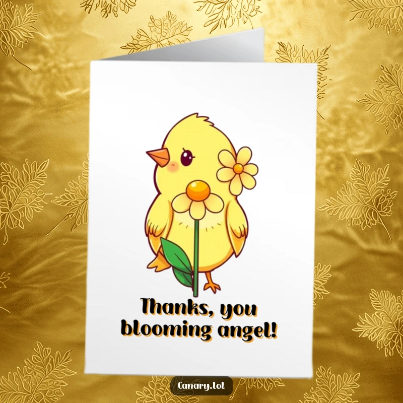 Funny Free Printable Thank You Card of a shy canary smiling softly while offering a beautiful single flower.