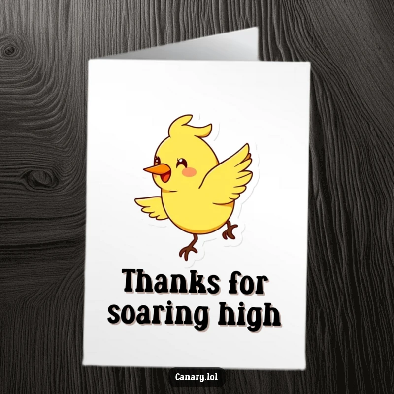 Funny Free Printable Thank You Card: Stylized canary bird with an exaggerated smile flies in a cheerful arc, a delightful downloadable gift.