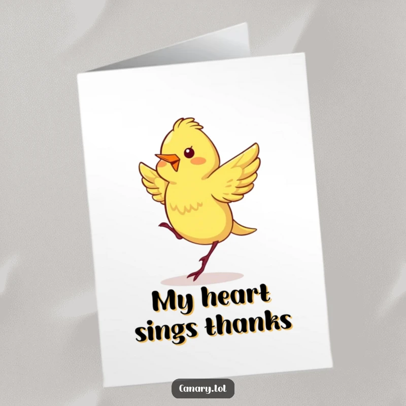 Funny Free Printable Thank You Card: Canary doing a happy dance with fluttering wings, a vibrant expression of thanks.