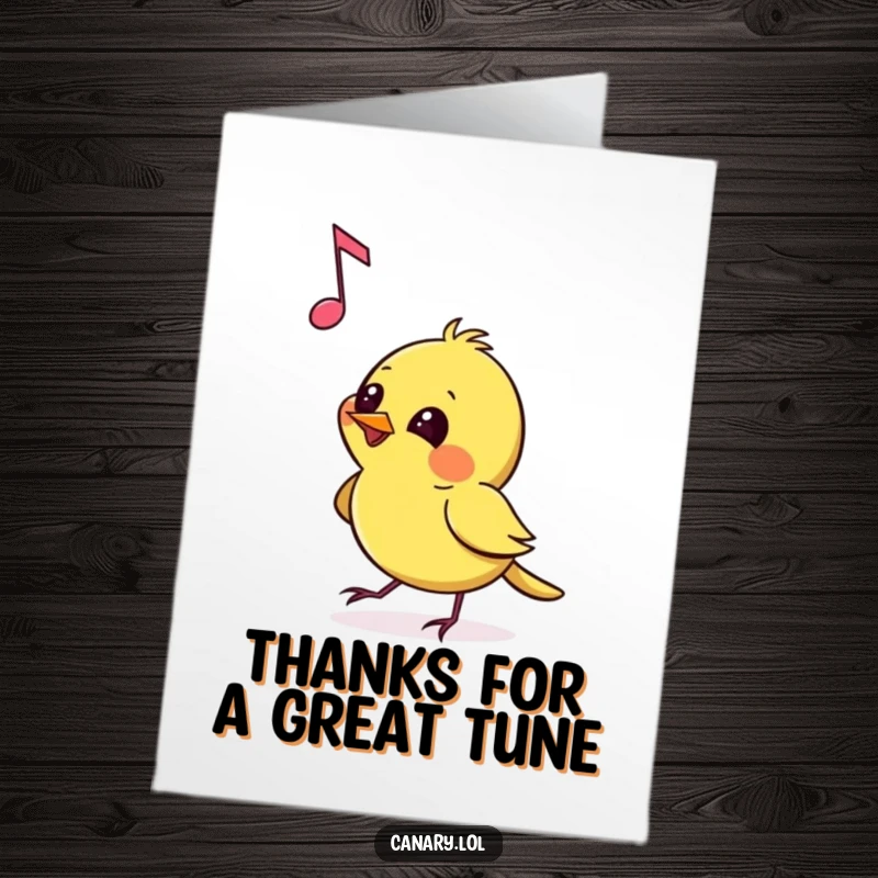 Funny Free Printable Thank You Card: A canary with a playful glint in its eye pecking at a musical note.