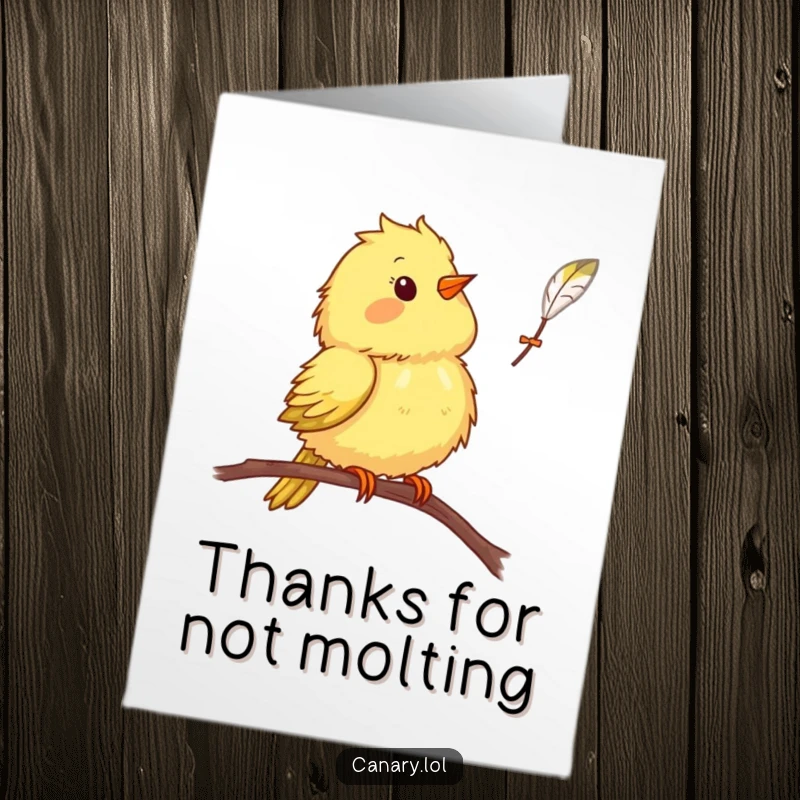Funny Free Printable Thank You Card: Canary bird looks shocked by a falling feather, a humorous downloadable gift.