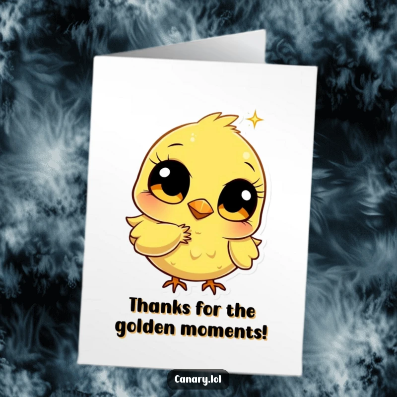 Funny Free Printable Thank You Card depicting a stylized canary with expressive eyes pecking a luminous golden sparkle.