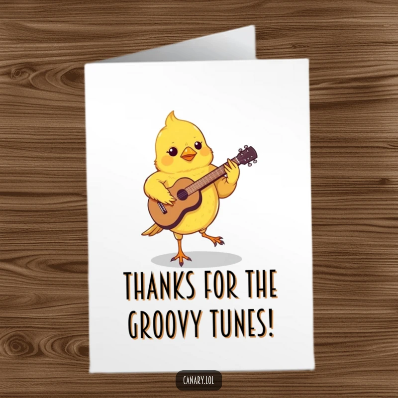 Funny free printable thank you card: A canary grooving, playing a miniature guitar with its feet to say thank you. DIY gift.