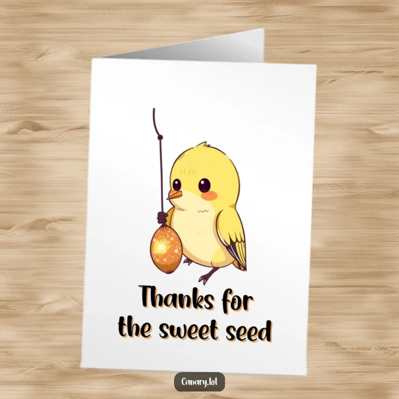 Funny free printable thank you card: A curious canary, eyes fixed, pecks at a small, sparkling seed as a thank you gesture.