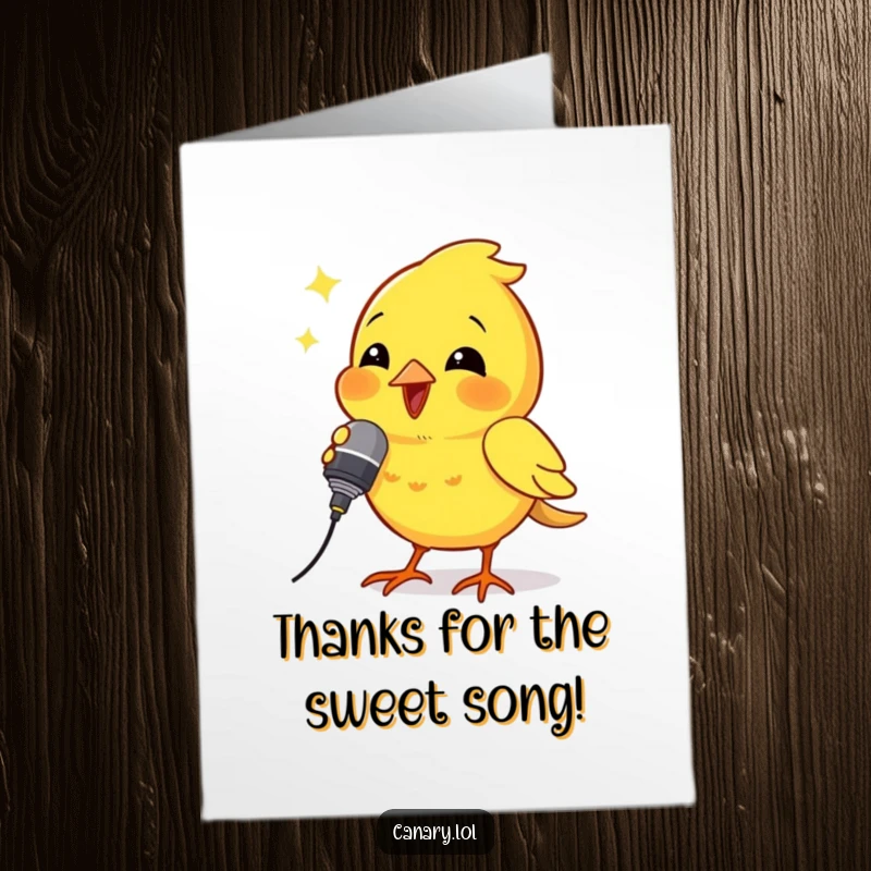 Funny Free Printable Thank You Card: A canary holds a tiny microphone and belts out a song.