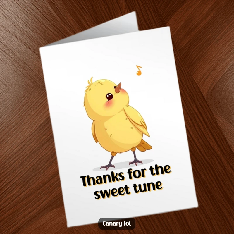 Funny Free Printable Thank You Card: Curious canary bird listening intently, showing gratitude with a humorous twist.