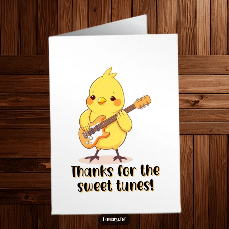 Funny Free Printable Thank You Card: A cool canary plays a tiny guitar, expressing thanks with musical flair.