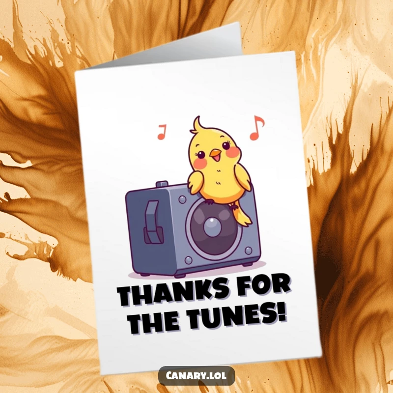 Funny Free Printable Thank You Card: A happy canary bops its head on a speaker, sending musical thanks your way with a smile.