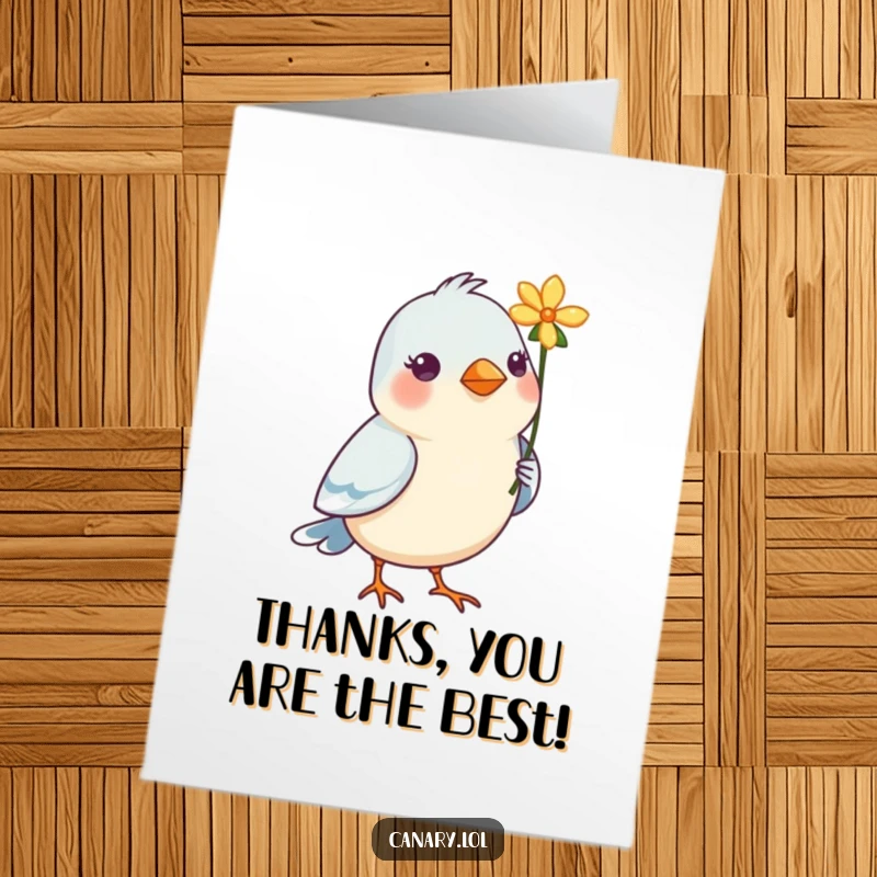 Funny Free Printable Thank You Card: A little bird presents a single, colorful flower held delicately in its beak.