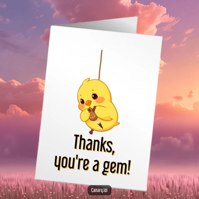 Funny Free Printable Thank You Card: Bright yellow canary playfully pecking at a dangling seed, savoring the moment.