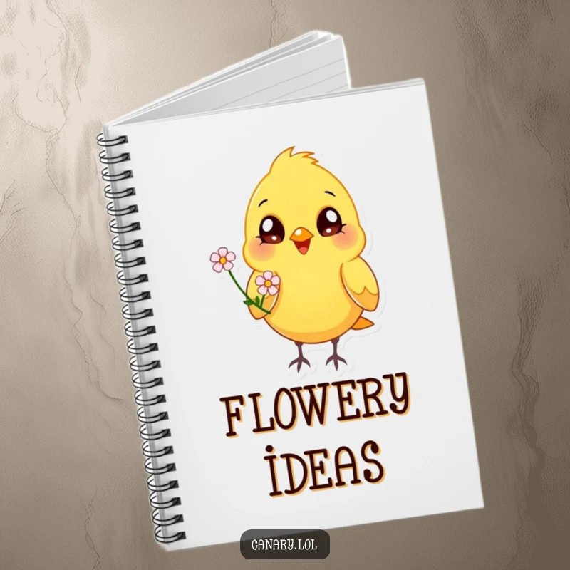 Funny happy canary bird notebook, bright eyes, offering a flower, cheerful journal, bird lover stationery.