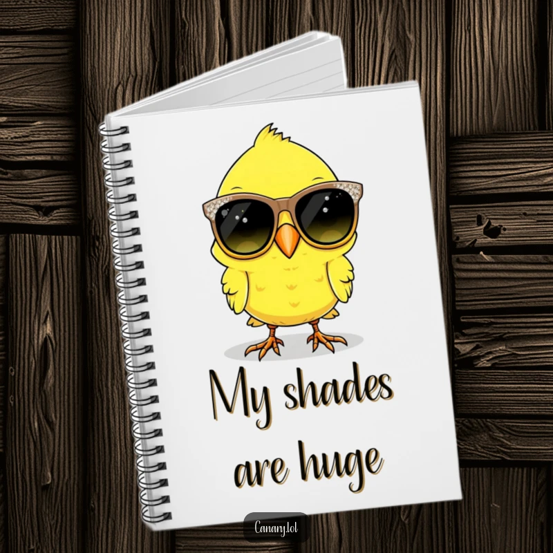 Funny canary bird notebook cover featuring a bird comically wearing oversized, sparkly sunglasses, perfect for notes.